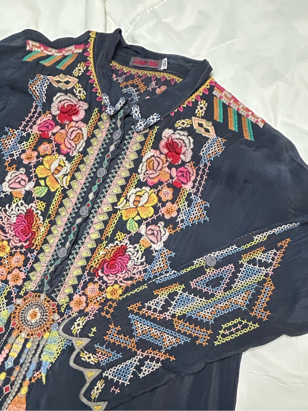 Johnny Was Navy Tunic with Multicolor Floral Embroidery